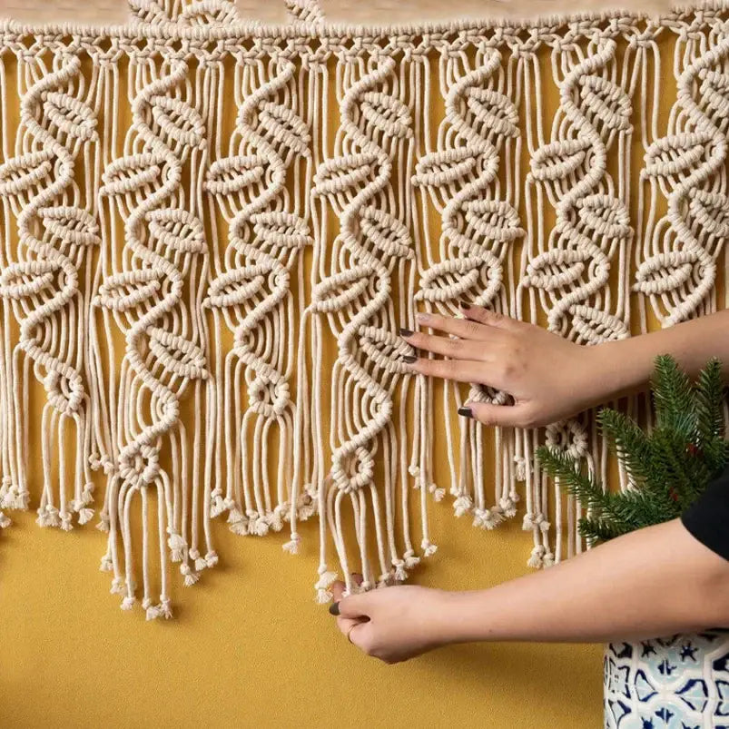 Boho macrame tapestry curtain cream leaf pattern bedroom decor