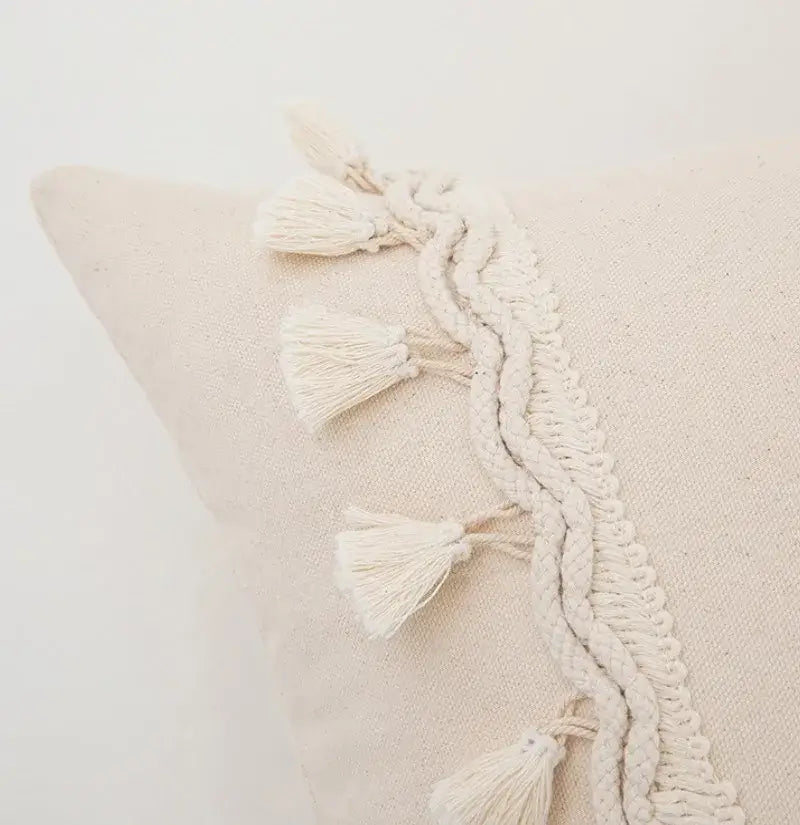 Boho macrame woven cushion cover cream cotton tassels bedroom pillow