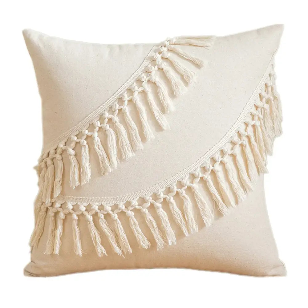 Boho macrame woven cushion cover cream cotton tassels bedroom pillow