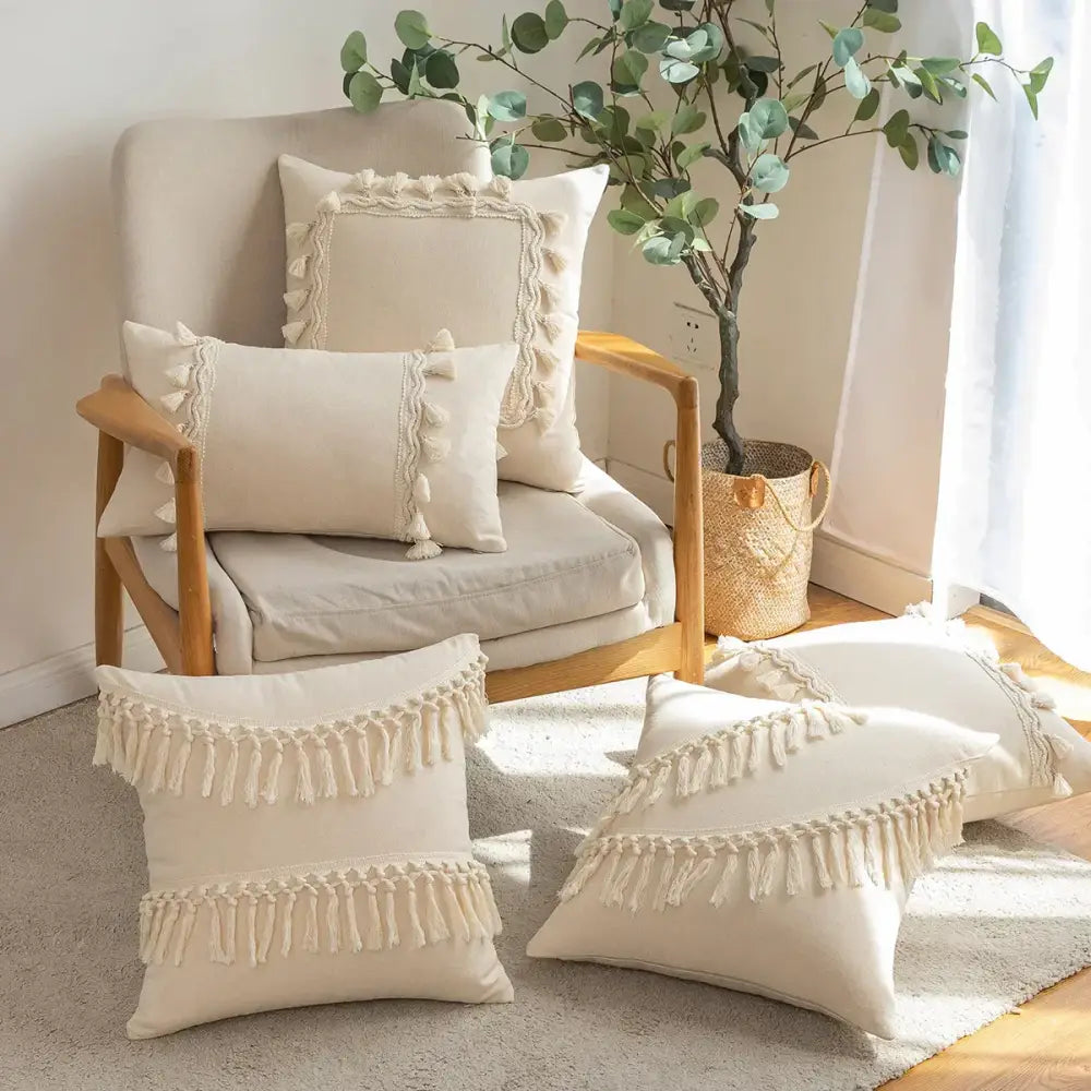 Boho macrame woven cushion cover cream cotton tassels bedroom pillow