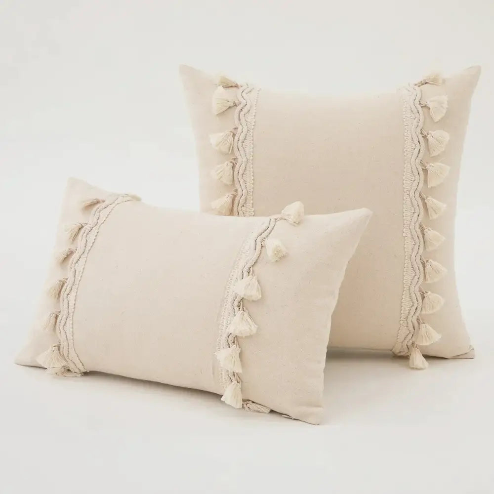 Boho macrame woven cushion cover cream cotton tassels bedroom pillow