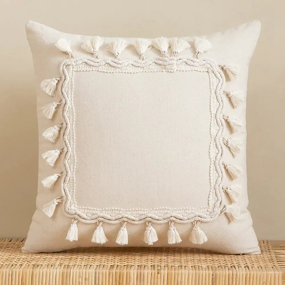 Boho macrame woven cushion cover cream cotton tassels bedroom pillow