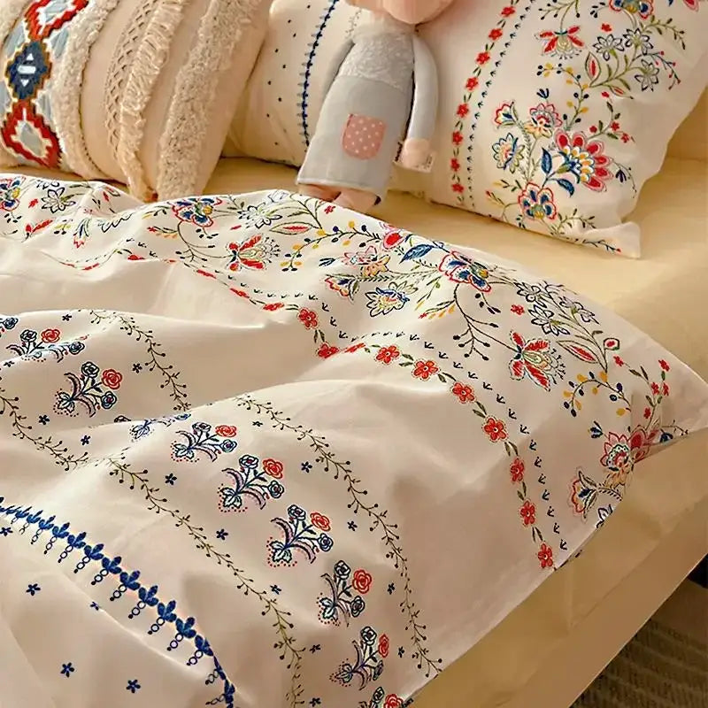 Boho pattern printed cream floral bedding set bedroom duvet cover