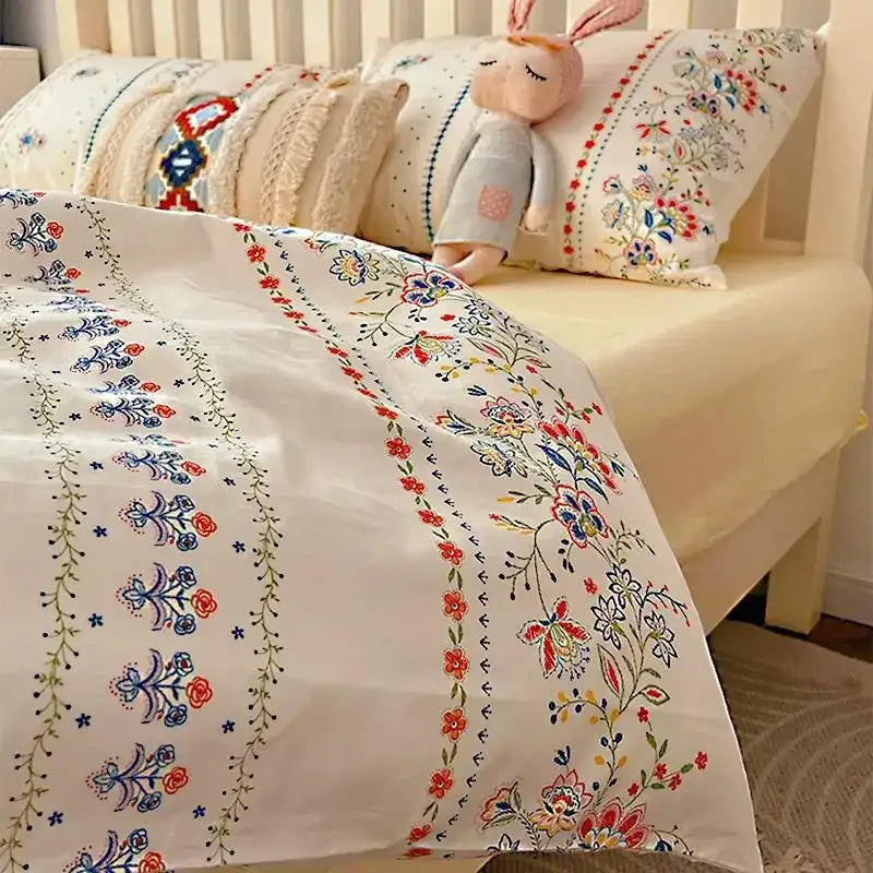 Boho pattern printed cream floral bedding set bedroom duvet cover