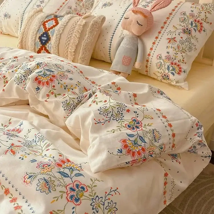 Boho pattern printed cream floral bedding set bedroom duvet cover