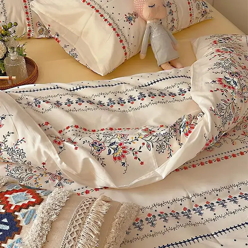 Boho pattern printed cream floral bedding set bedroom duvet cover