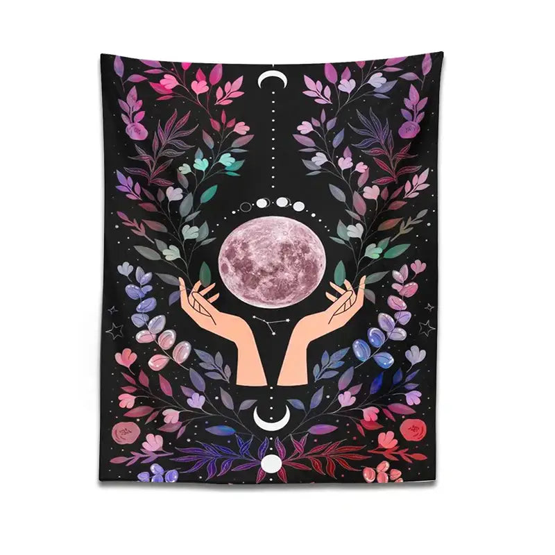 Boho pink botanical moon tapestry bedroom floral wall art