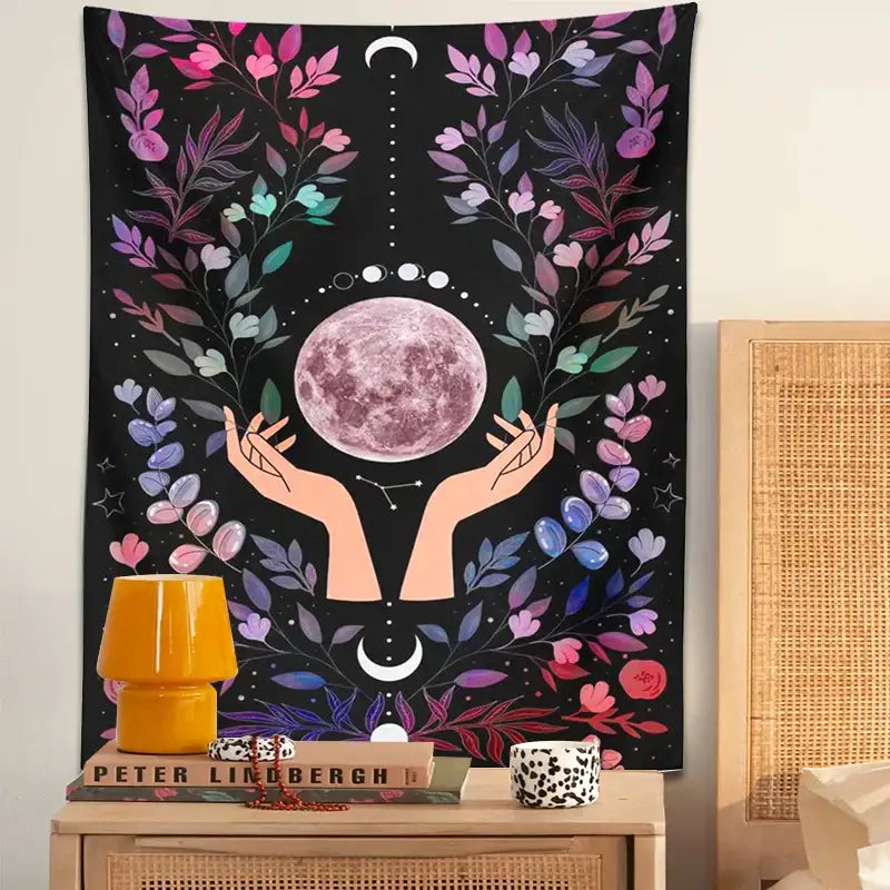 Boho pink botanical moon tapestry bedroom floral wall art