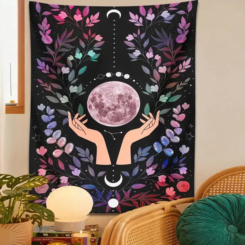 Boho pink botanical moon tapestry bedroom floral wall art