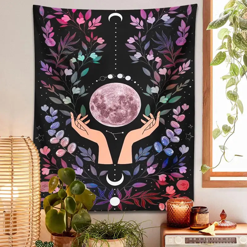 Boho pink botanical moon tapestry bedroom floral wall art