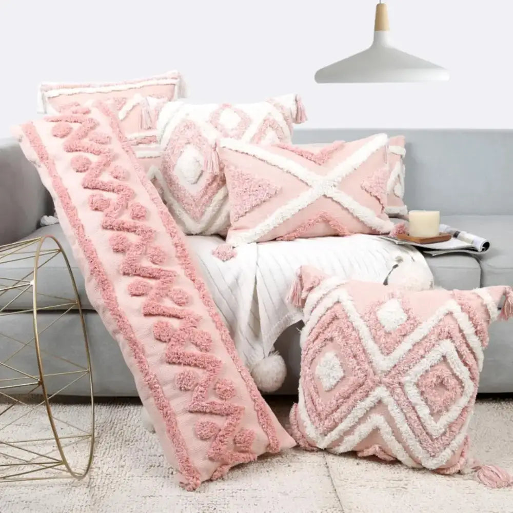 Boho pink geometric tufted pillow covers pink & white bedroom decor