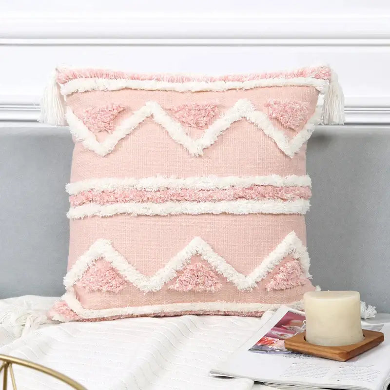 Boho pink geometric tufted pillow covers pink & white bedroom decor