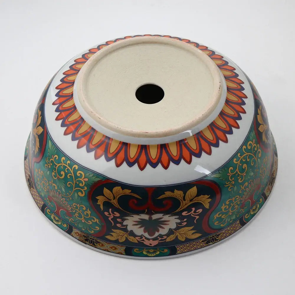 Boho retro ceramic bathroom sink with red & green floral pattern
