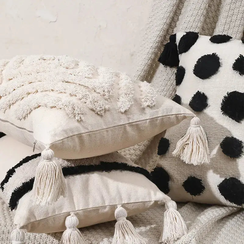 Boho tufted beige & white pillow cover living room tassel decor