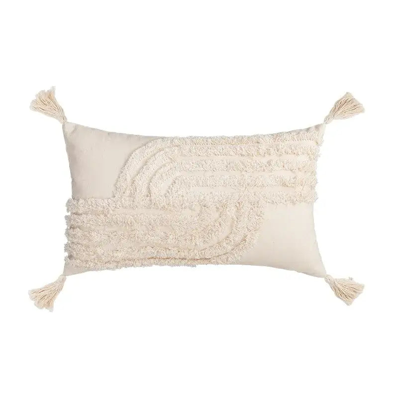 Boho tufted beige & white pillow cover living room tassel decor