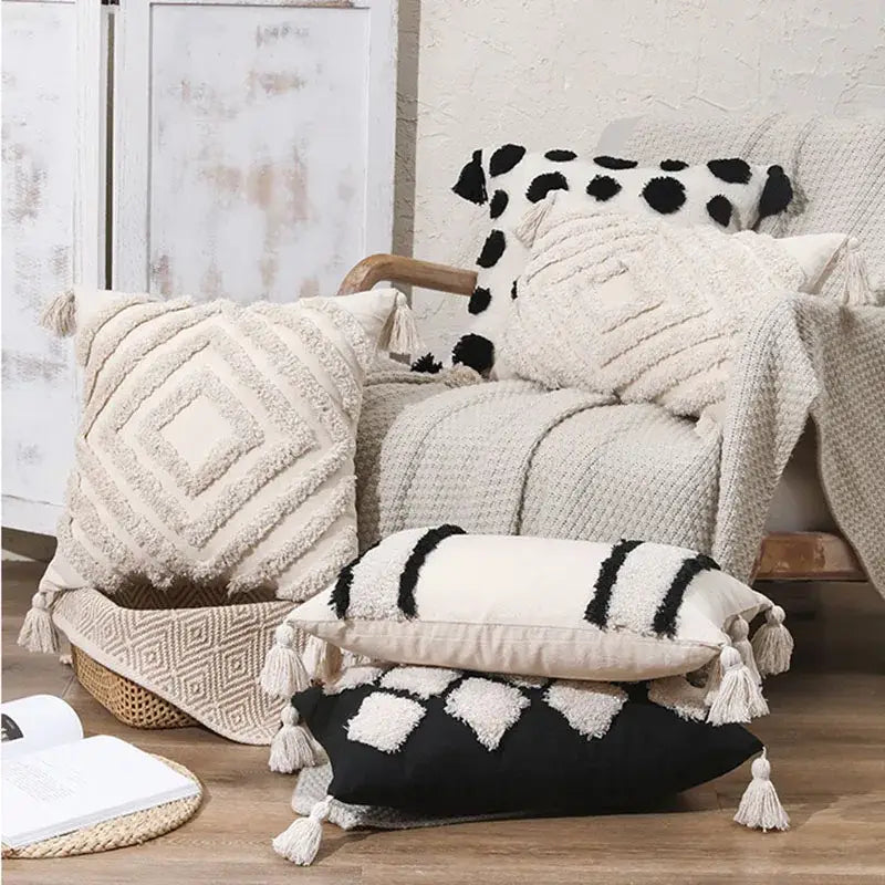 Boho tufted beige & white pillow cover living room tassel decor