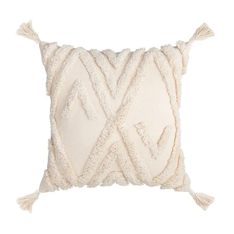 Boho tufted beige & white pillow cover living room tassel decor