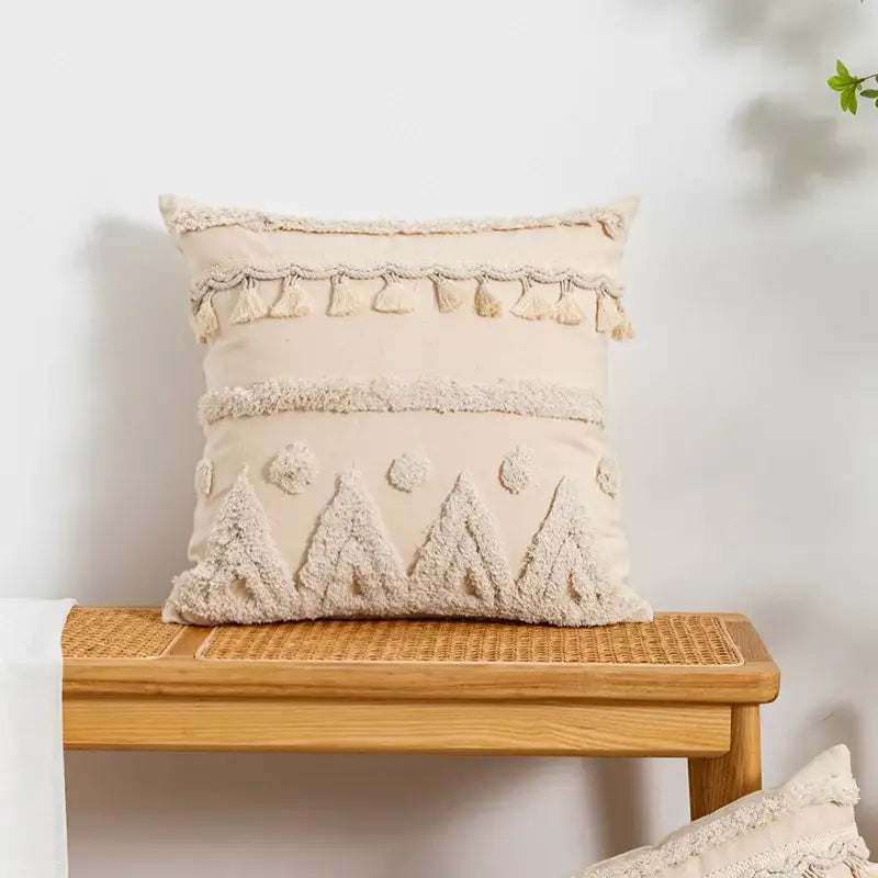 Boho tufted embroidered cushion cover grey & beige living room pillow