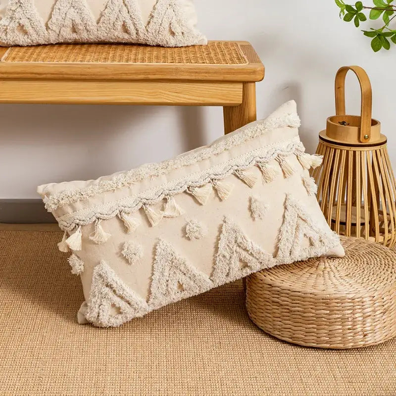 Boho tufted embroidered cushion cover grey & beige living room pillow