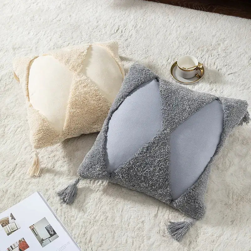 Boho tufted embroidered cushion cover grey & beige living room pillow