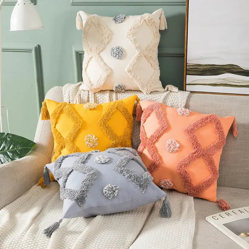 Boho tufted embroidered cushion cover grey & beige living room pillow