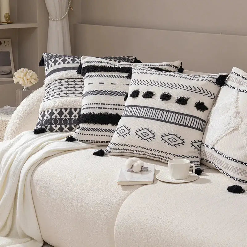 Boho tufted fringed black & white pillowcase living room decor
