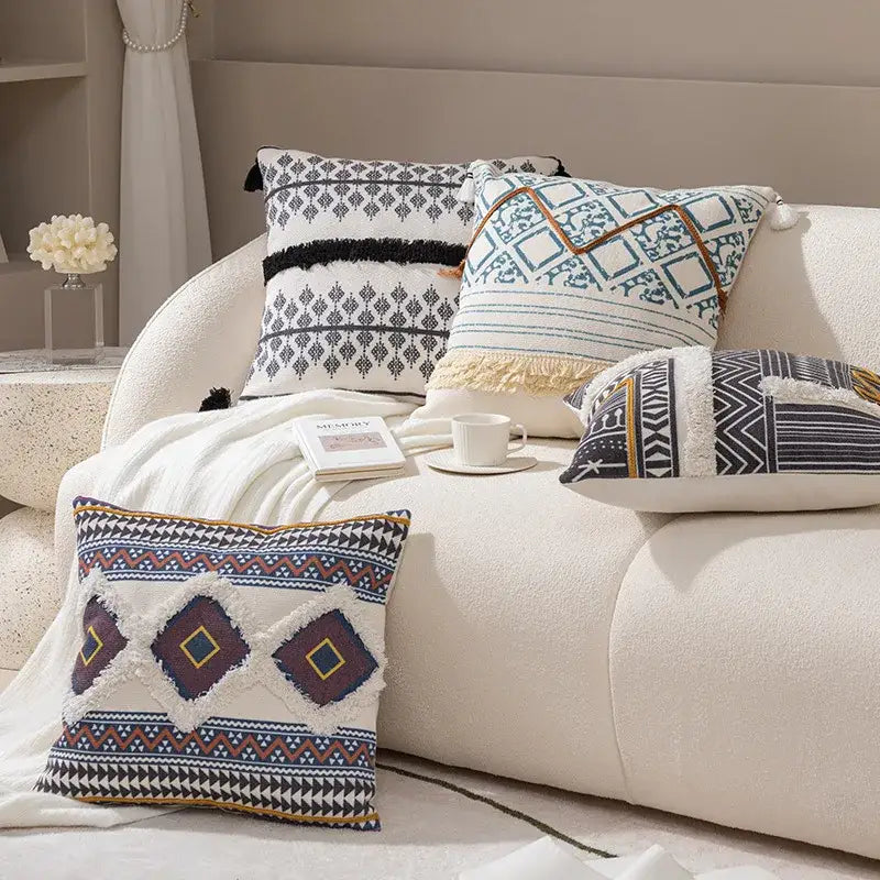 Boho tufted fringed black & white pillowcase living room decor