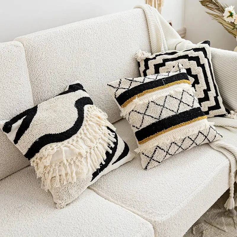 Boho tufted geometric black & white pillow cover living room tassels