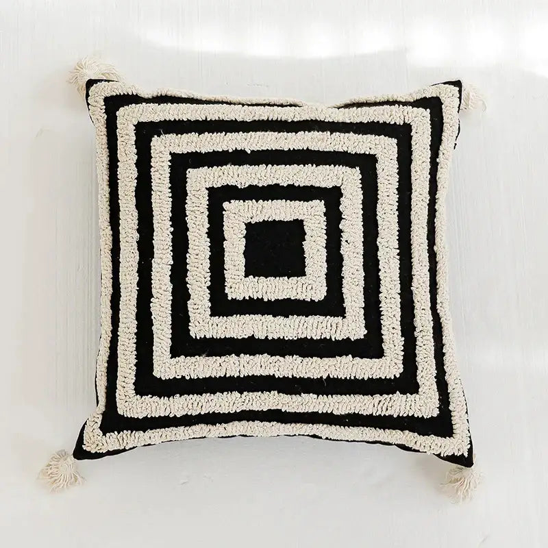 Boho tufted geometric black & white pillow cover living room tassels