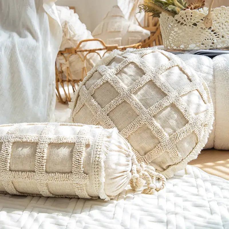 Boho tufted tassel cushion cover cream woven living room pillow