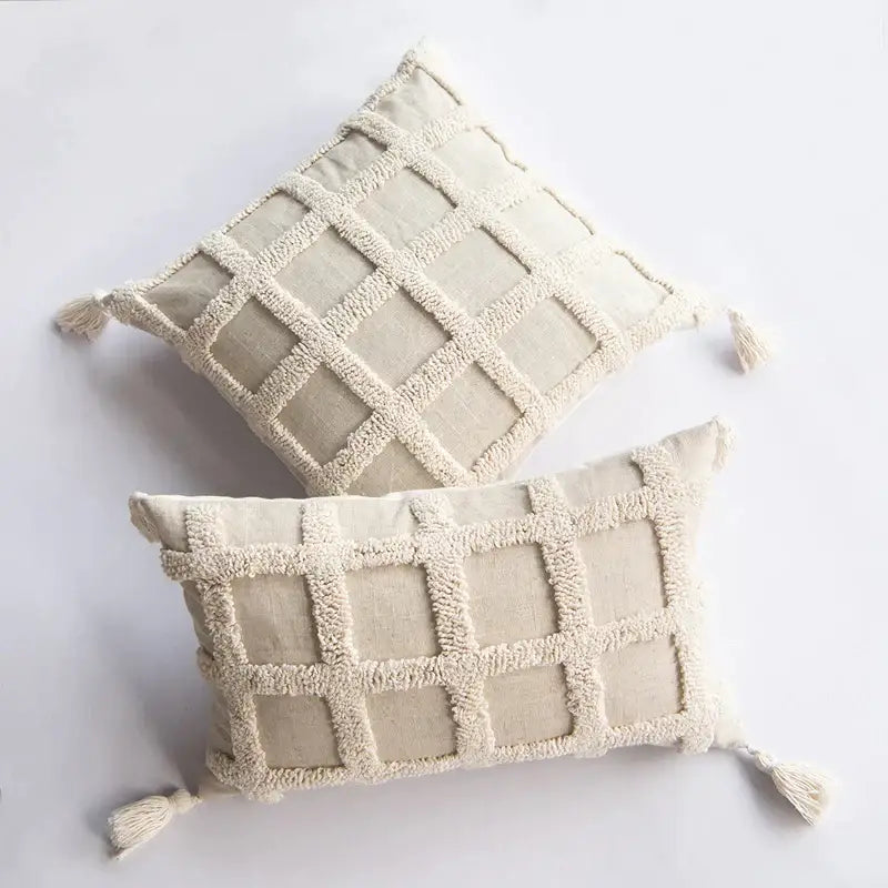 Boho tufted tassel cushion cover cream woven living room pillow
