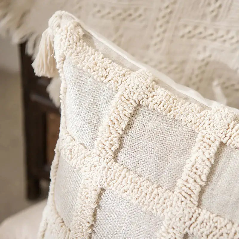Boho tufted tassel cushion cover cream woven living room pillow