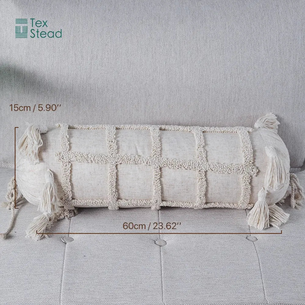 Boho tufted tassel lumbar pillow cream textured bedroom decor