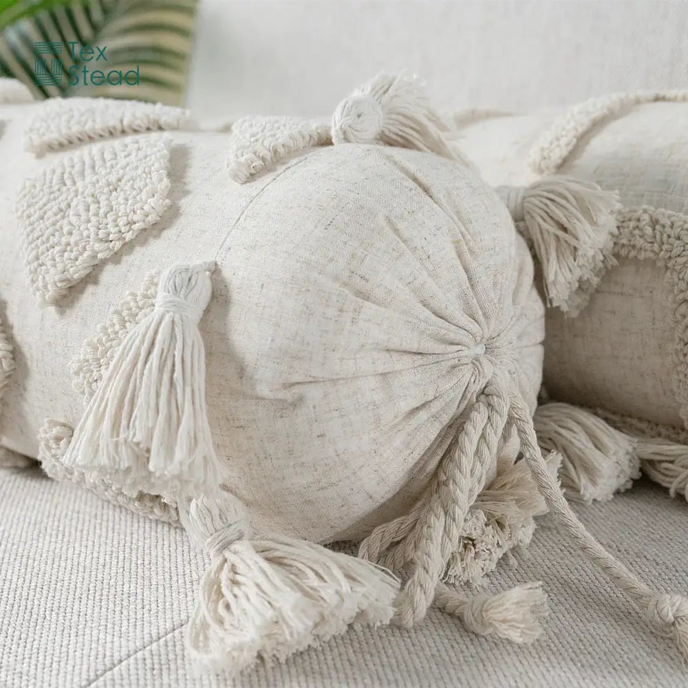 Boho tufted tassel lumbar pillow cream textured bedroom decor
