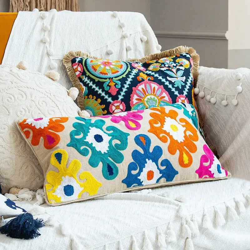 Housse de coussin lombaire brodée en alpaga style bohème vintage pour chambre à coucher