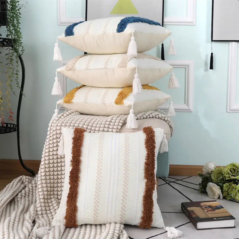 Boho woven tassel pillow case living room textured throw cushion