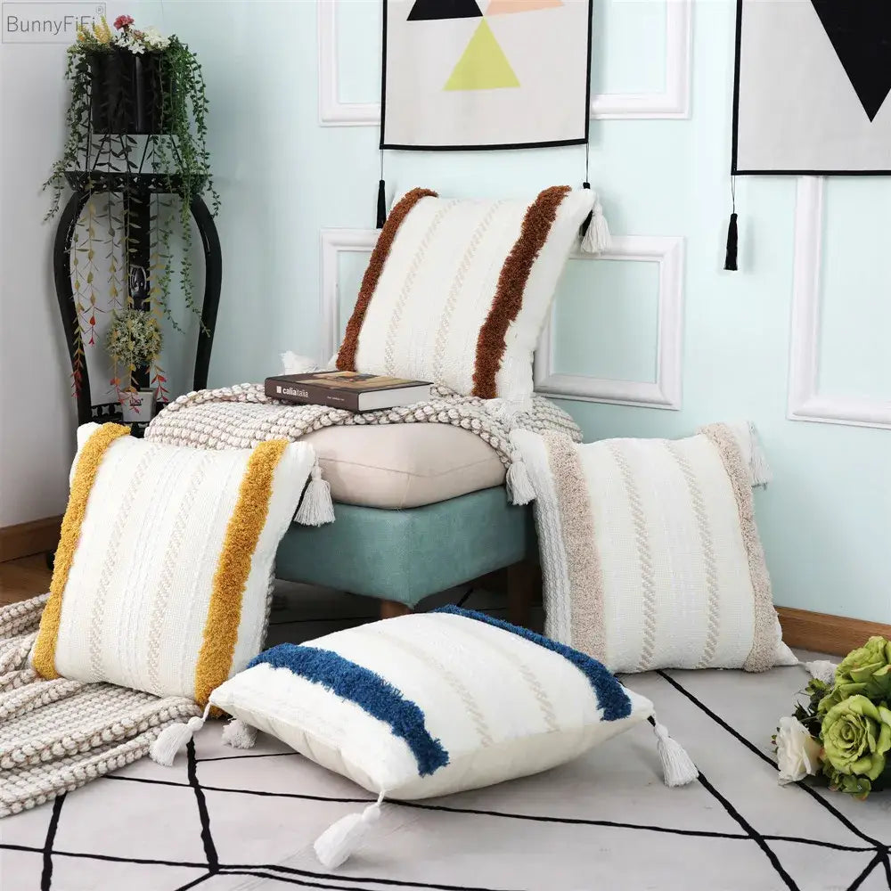 Boho woven tassel pillow case living room textured throw cushion