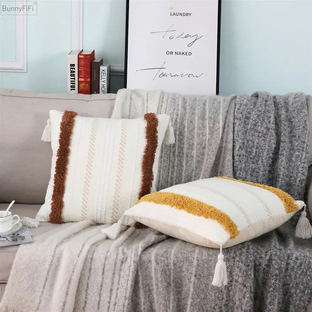 Boho woven tassel pillow case living room textured throw cushion