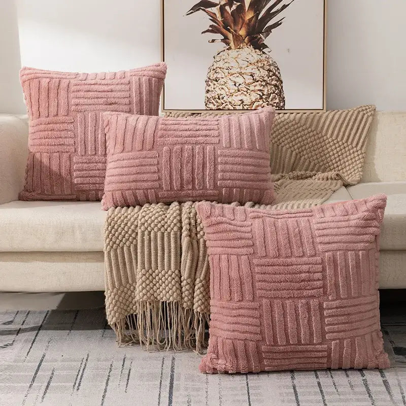 Boho yellow textured plush throw pillow covers living room decor