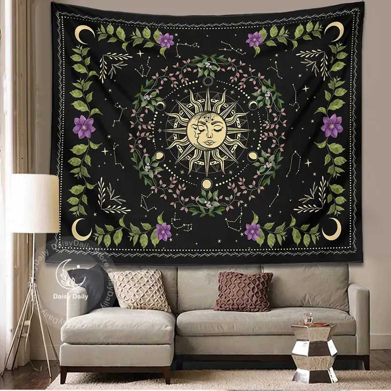 Botanical moon phase floral tapestry – bedroom celestial wall decor