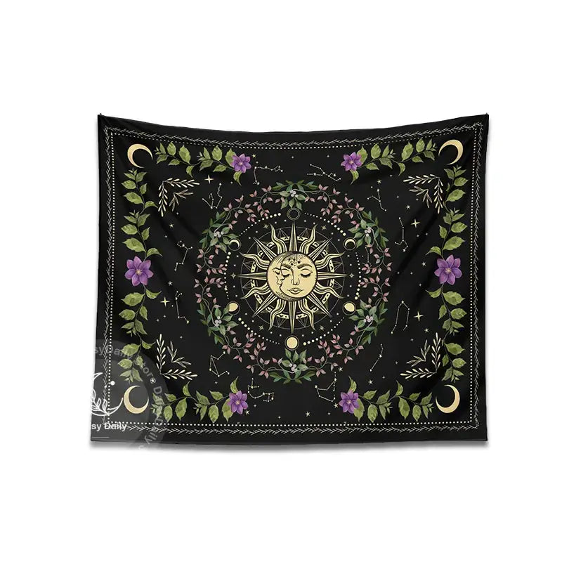 Botanical moon phase floral tapestry – bedroom celestial wall decor