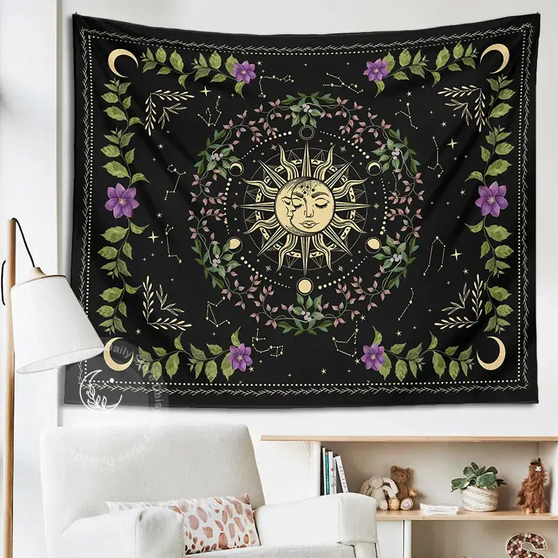 Botanical moon phase floral tapestry – bedroom celestial wall decor