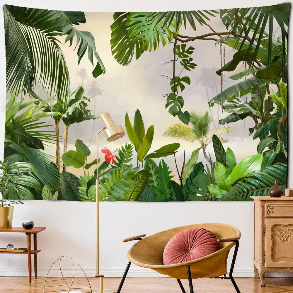 Botanical palm leaf green tapestry tropical living room wall art
