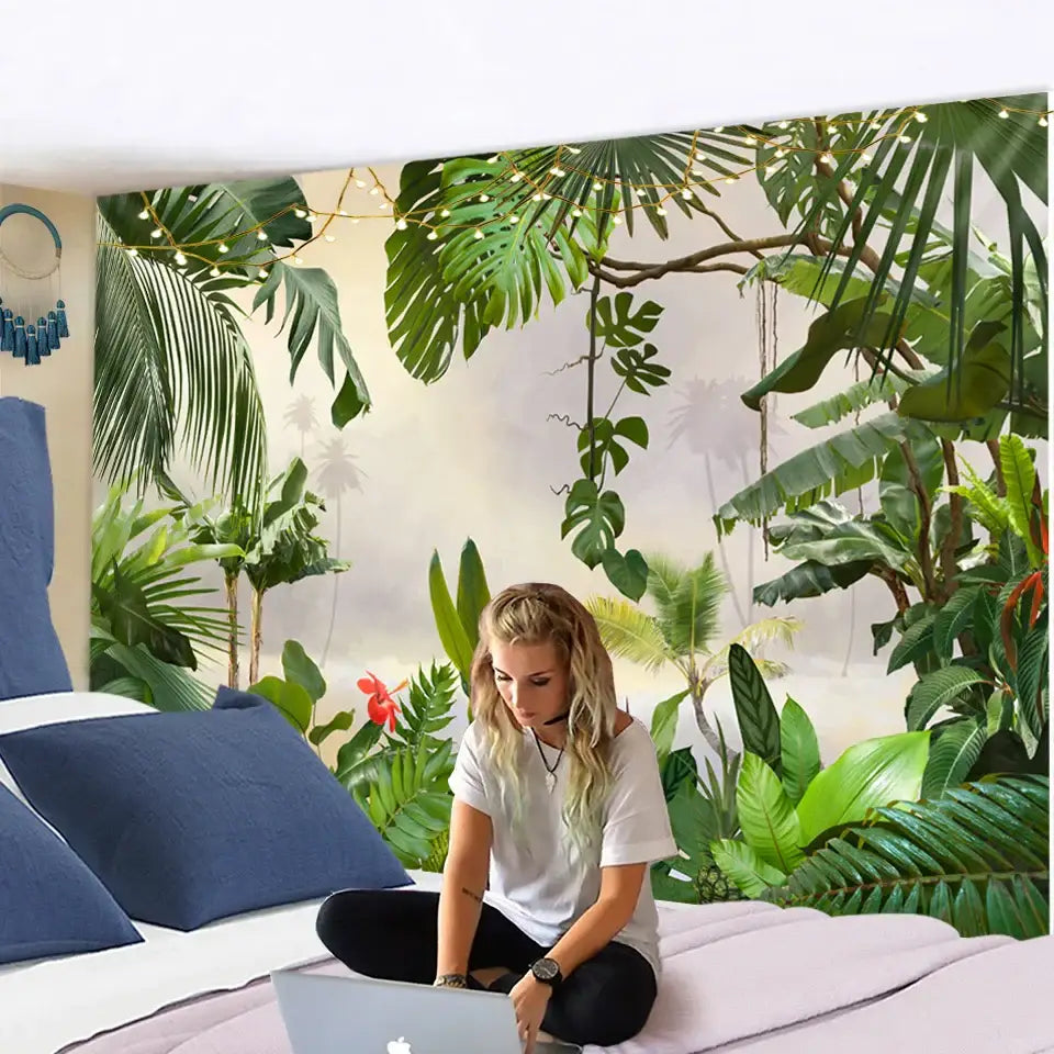 Botanical palm leaf green tapestry tropical living room wall art