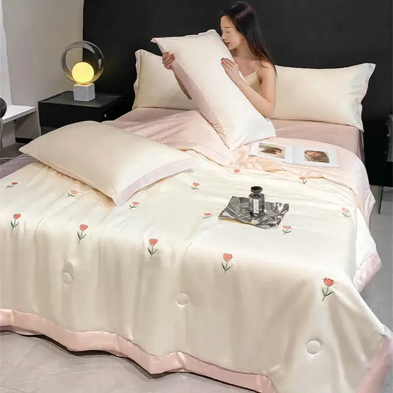 Bowknot embroidered summer bedding set cream & pink bedroom quilt