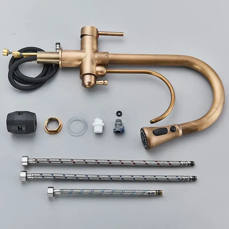 Brass filter kitchen faucet with rotatable spout and pull down sprayer