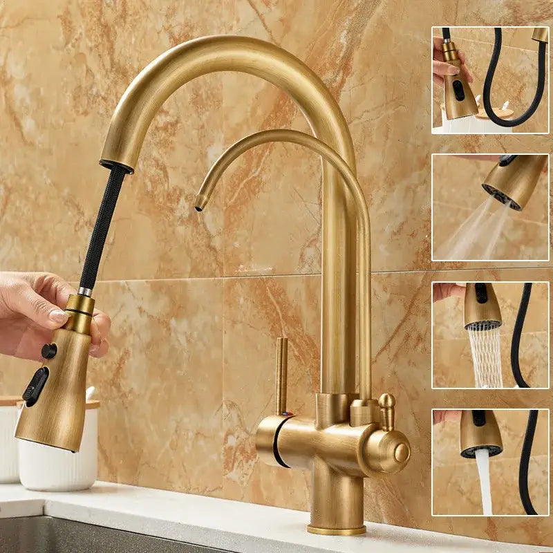 Brass kitchen faucet with pull down black hose and water filter tap