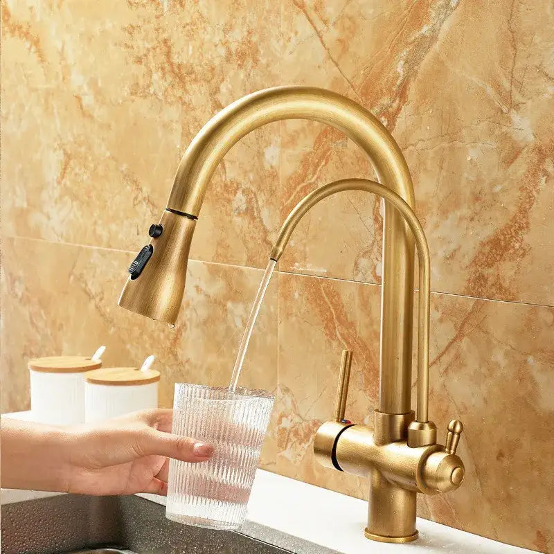 Brass kitchen faucet with pull down black hose and water filter tap