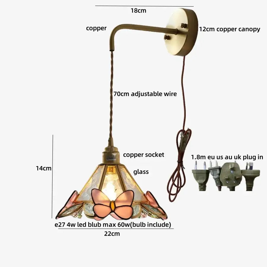 Brass orange butterfly stained glass wall light fixture bedroom sconce