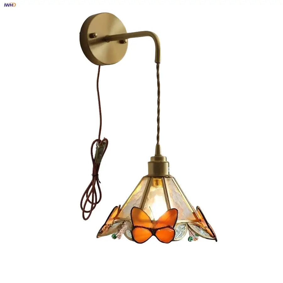 Brass orange butterfly stained glass wall light fixture bedroom sconce